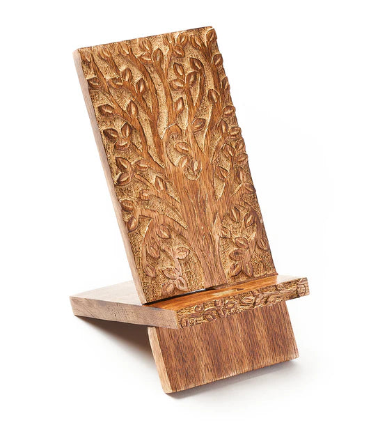 CARVED WOOD PHONE STAND - TREE OF LIFE