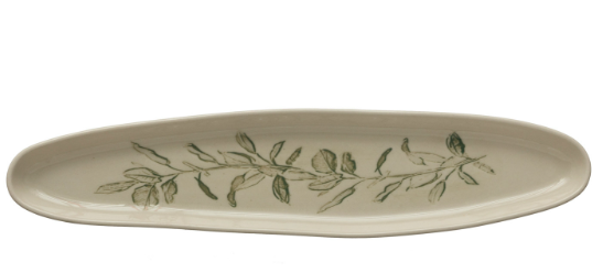 Oval Debossed Stoneware Tray w/ Botanical (Each One Will Vary)