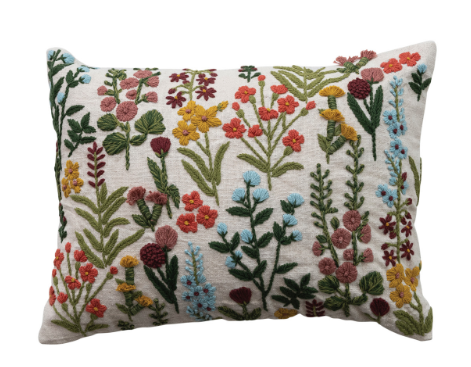 Cotton Slub Lumbar Pillow with Hand-Embroidered Flowers