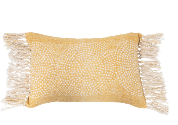 24" x 16" Stonewashed Cotton Slub Lumbar Pillow w/ Dot Pattern & Fringe, Polyester Fill