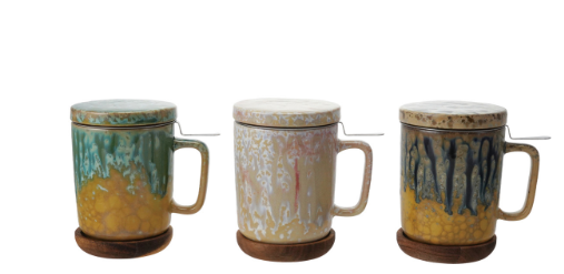 10 oz. Mug with Strainer, Lid & Saucer, Set of 3, 3 Styles (Each Varies)