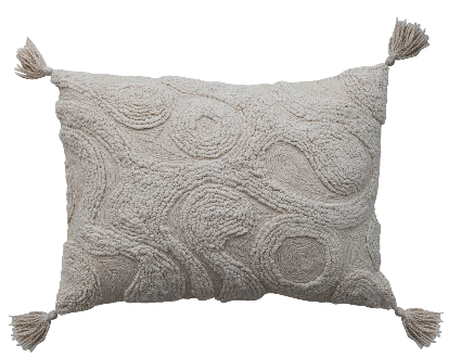 Cotton Tufted Lumbar Pillow with Design & Tassels, Cream Color