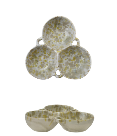 Stoneware Multi Bowl with 3 Sections, Cream Color & Green (Each One Will Vary)